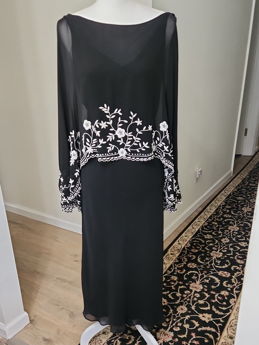 Melinda Eng Silk Black Formal Gown Embroidered Beaded Cape Overlay Maxi Dress 10